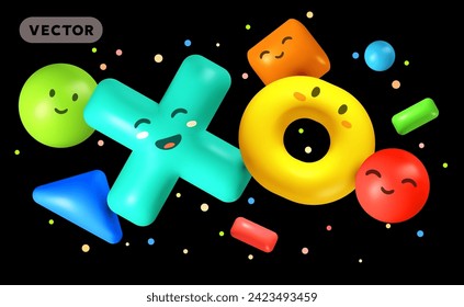 Vector kid illustration of set of abstract realistic shape character with eye and mouth on black color background. 3d cartoon style design of decorative bright shine element collection with confetti