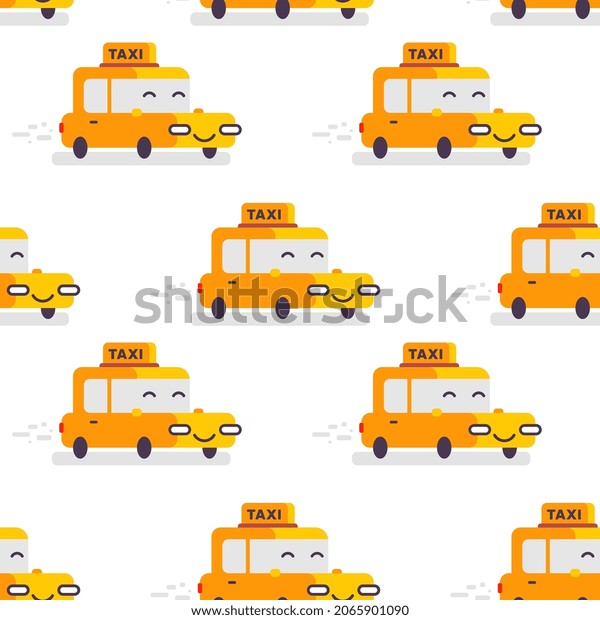 Vector kid illustration of yellow
happy taxi car character on white background. Flat style design of
car seamless pattern for web, site, banner,
print