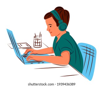 Vector kid with laptop in shadow of sharp lines style