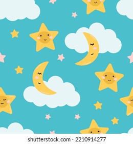 Vector kid little star and moon with cloud on blue background. Cute seamless pattern in pastel color for baby wallpaper, textile print in cartoon design.