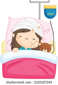 a vector of a kid on a bed rest getting an infusion