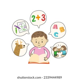 vector kid reading a book to learn many things, match, english, art, animal