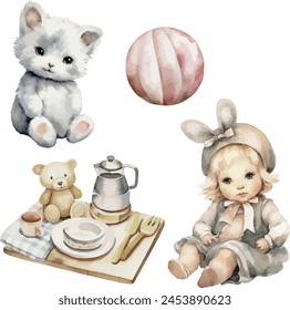 Juego de juguetes de Vector Kid de muñeca linda, gato, bola, hora del té. Niño de juguete preescolar. Estilo acuarela. Muñeca de juego de bebé, gato, bola, hora del té. Clipart para tarjeta de felicitación, baby shower, invitación, cumpleaños.