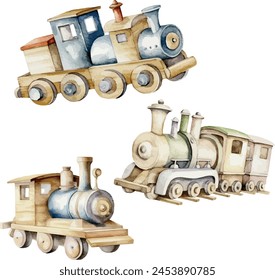 Vector Kid s toys set of retro wooden trains. Toy kid child preschool. Watercolor style. Baby game wooden retro trains. Clipart for greeting card, baby shower, invitation, birthday, party, gender part