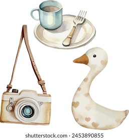 Vector Kid s toys set of awesome goose, camera, plate, cup, fork. Toy kid child preschool. Watercolor style. Watercolor goose, camera, plate, cup, fork. Awesome clipart for greeting card, baby shower.