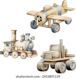 Vector Kid s toys set. Toy kid child preschool. Watercolor style. Baby game wooden train, car, lorry, plane. Clipart for greeting card, baby shower, invitation, birthday, party, gender party, post car