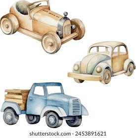 Vector Kid s toys set of retro wooden cars. Toy kid child preschool. Watercolor style. Baby game wooden cars. Clipart for greeting card, baby shower, invitation, birthday, party, gender party.