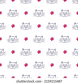 Vector kid seamless pattern with cute smiling cat and flower. Doodle style. Funny handdrawn childish background. Design for textile,paper goods,poster.