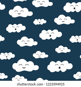 Vector kid seamless pattern with smile cloud on dark blue background. Baby concept. texture can be used for wrapping paper, print, textile, fabric, t-shirt, book cover, wallpaper. cute style