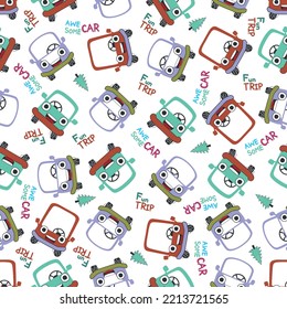 Vector kid seamless pattern with yellow and blue happy taxi car character on light background. Flat style design of car seamless pattern for web, site, banner, print