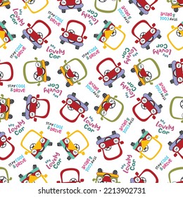 Vector kid seamless pattern with yellow and red happy taxi car character on light background. Flat style design of car seamless pattern for web, site, banner, print