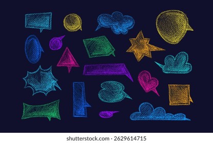 Vector kid speech bubbles. Hand drawn comic pencil set. Color charcoal doodle talk balloon with cute texture on black bg. Art clouds shapes for chat and advertising