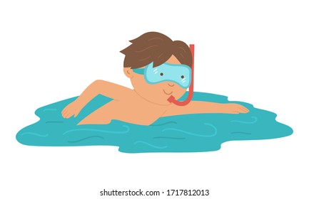 Vector kid swimming in the sea. Child doing beach activity. Cute boy in the water with diving mask and snorkel. Fun summer illustration