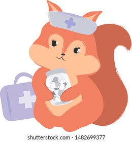 Vector kiddie illustration of cute red squirrel in medical uniform with cross. Cartoon animal holds medicine bottle with pills. Doctor isolated on white background. Wildlife medic profession