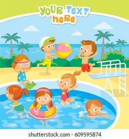 Vector kids babies in swimming pool swimming and jumping from diving platform girl in swim ring, flippers plunging, having fun with ball,sunbathing sunbathe on tropical resort palm trees on background