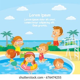 Vector kids babies in swimming pool swimming and jumping from diving platform girl in swim ring, flippers plunging, having fun,sunbathing sunbathe on tropical resort palm trees on background