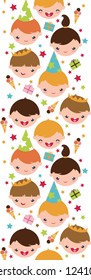 Vector kids at a birthday party vertical seamless pattern background ornament with hand drawn elements.