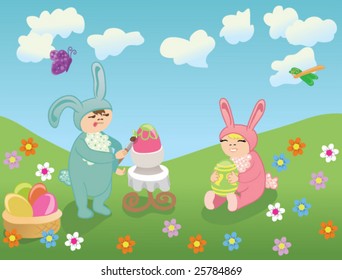 Vector kids in bunny costumes color eggs for Easter