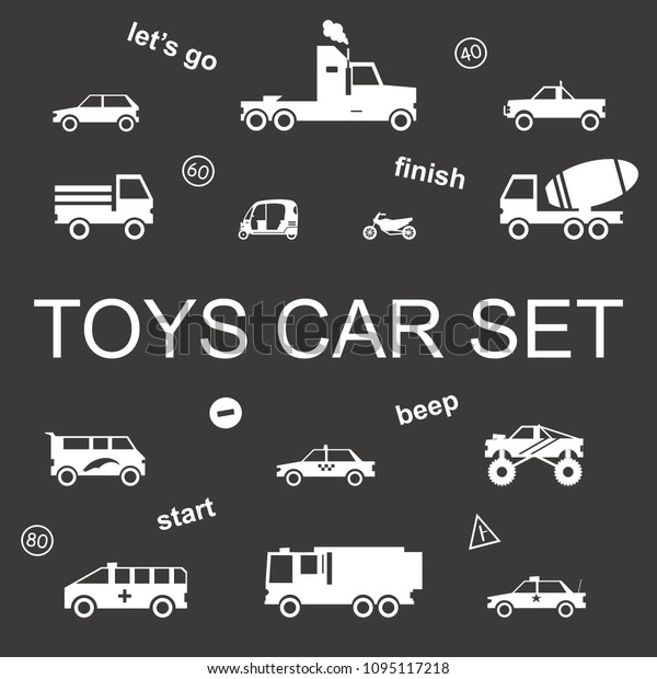 Vector kids car collection white color isolated on\
black background for decoration children party, scrapbooking,\
pattern, game, printing on fabric, gift wrap, sale, promotion.\
Transport set 10 eps