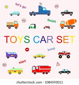 Vector kids car set cartoon color style on white background for scrapbooking, pattern, game, printing on fabric, decoration, gift wrap, banner, greeting card, sale, promotion, party. Vector 10 eps