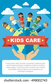 Vector kids care and protection poster template. Happy kids standing on the globe. Flat style.