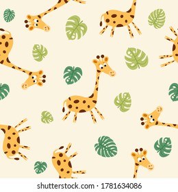 Vector kids cartoon animals seamless pattern with giraffe. Illustration for textile and texture design