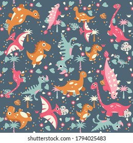 Vector kids cartoon dinosaurs seamless pattern. Illustration for textile and texture design