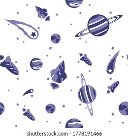 vector kids cartoon planet seamless pattern with spaceships, rockets. Illustration, great for wallpaper, textile and texture design