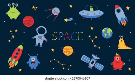 Vector kids cartoon space set. Aliens, ufo, stars, rockets, planets, spaceship, astronaut, satellite, constellation, monsters, comet. Earth, Mars, Saturn. Cosmic adventure