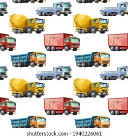 Vector kids cartoon style seamless pattern of colorful construction trucks on white background.