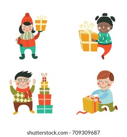 Vector Kids With Christmas Present Gift Set. Boy Sitting At Knees Opening Box, Another Made Pyramid, Black Girl With Gift Dancing Smiling Another One Stays. Flat Illustration On A White Background.