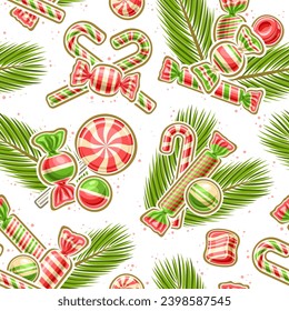 Vector Kids Christmas seamless pattern, decorative repeat background with illustration of christmas candy canes and snacks in foil package, square poster with flying flat lay christmas tree branches