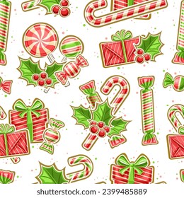 Vector Kids Christmas seamless pattern, decorative repeat background with illustration of mint christmas candy in red striped foil, square poster with flying flat lay christmas sprigs of holly berries