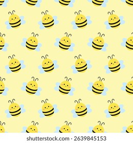 Vector kids cute pattern with cartoon yellow bees and blue wings