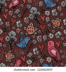 Vector kids cute seamless pattern. Wonderful fantasy illustration with cartoon flowers and birds. Perfectly for wrapping paper, bed linen, textile, fabric, cover, wallpaper, fashion, kids clothing.