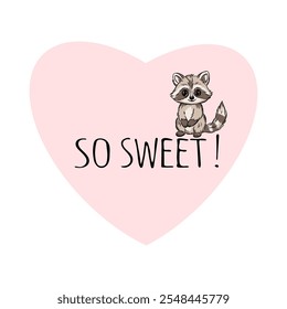 Vector kids design illustration of cute animal raccoon in pink heart