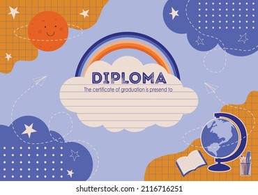Vector kid's diploma for preschool, school, or play studio. The colorful certificate is in a hand-drawn design on abstract shape background.
