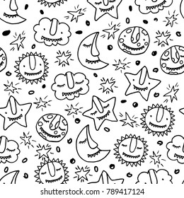 Vector kids doodle seamless pattern with cute cartoon monsters sun, cloud, star, moon, crescent. Good night watercolor hand drawn illustration. Black white background design for fashion textile print.