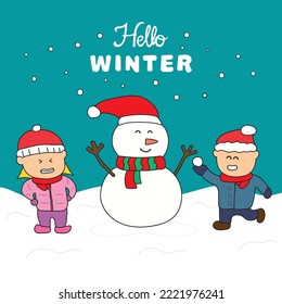 Vector kids drawing Hello winter typography with children building a snowman for christmas in a cartoon style
