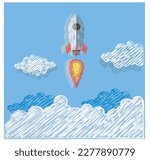 Vector kids drawing  of a rocket flying through space, with the sky and stars in the background ( pestal, color pencil, crayon..Rocket Launch illustration, startup business concept idea. vector