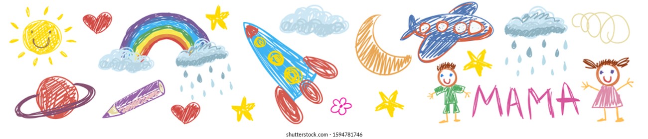 Vector kids drawing with spaceship, planet, alien, moon, star, cloud, sun, rocket, jupiter. Cartoon boy and girl.