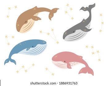 Vector kids dreamy illustration. Whales set with stars and constellations in tender colors. Baby animals. Baby shower. Nursery art. World whale day. Ocean life.