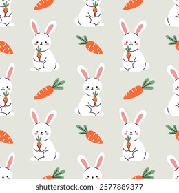 Vector kids easter seamless pattern with cute funny bunnies and carrots in flat design. Cute funny baby rabbits design on gray background. Wrapping paper or fabric design. Kawaii seamless pattern.