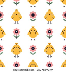 Vector kids easter seamless pattern with cute funny chicks and flowers in flat design. Cute baby chick design on pink background. Easter wrapping paper or fabric design. Kawaii seamless pattern.