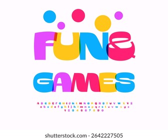 Vector Kids emblem Fun and Games. Joyful Colorful Font. Modern Childish Alphabet Letters and Numbers set.