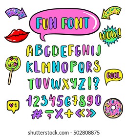 Vector kids English alphabet in comic style. Cute colorful font Funny capital ABC. Modern set of pop art sticker, patche, pin, badge in 80s-90s cartoon style with doughnut, lollipop, speech bubbles.