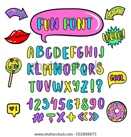 Vector kids English alphabet in comic style. Cute colorful font Funny capital ABC. Modern set of pop art sticker, patche, pin, badge in 80s-90s cartoon style with doughnut, lollipop, speech bubbles.