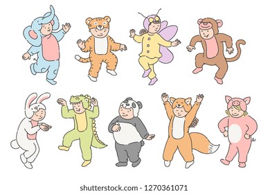 Vector kids in fancy dress. Children in fairy and real animals costumes. Boys and girls as rabbit, fox, pig monkey or panda having fun playing games. Isolated illustration