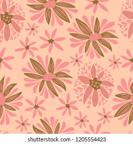 Vector kids floral pattern with fantasy flowers in light pink. Seamless botanical pattern. Perfectly for interior, wrapping paper, bed linen, textile, fabric, cover, wallpaper, fashion, kids clothing.