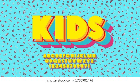 Vector Kinder Schriftart 3d fett bunter Stil moderne Typografie für Poster, Event Dekoration, Bewegung, Video, Spiel, T-Shirt, Buch, Banner. Cool-Schrift. Trendes Alphabet. 10 eps